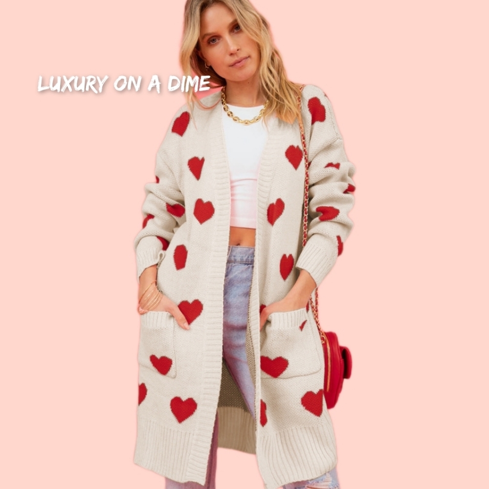 Contrasting Heart Knit Open Front Longline Pocket Sweater Cardigan Valentine - Picture 2 of 9